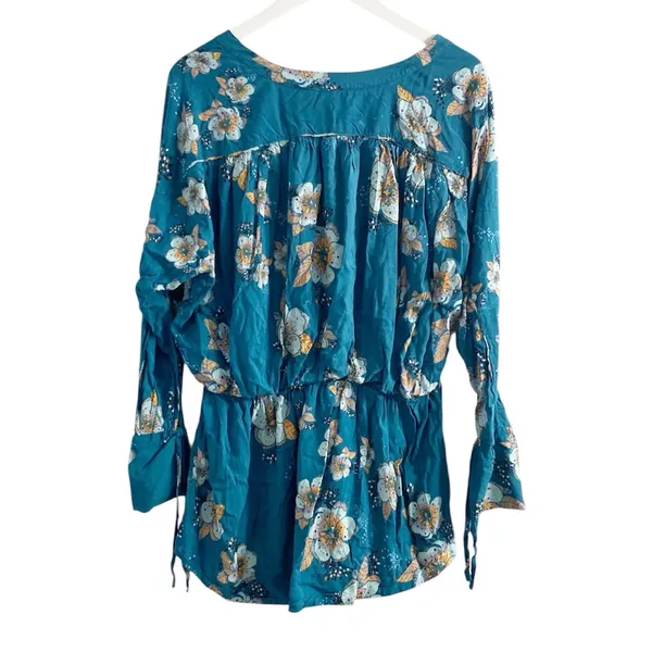 Free People Tuscan Dream Floral Tunic Dress V neck Blouse Teal Long Sleeve Femme - Image 9