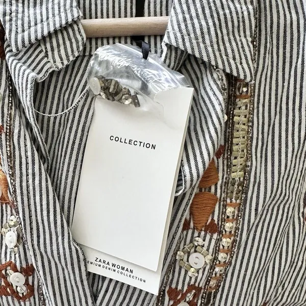 NWT Zara Collection Button down Shirt S Striped Embroidered Embellished cotton - Image 5