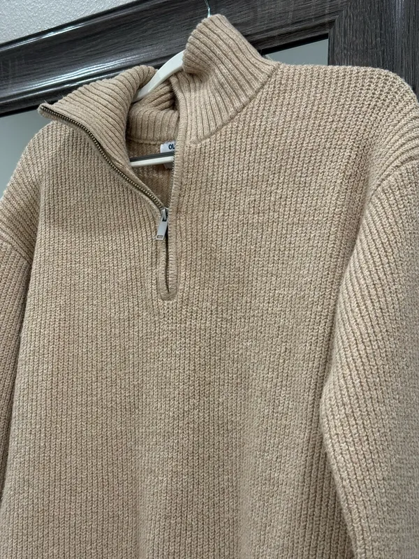 Old Navy Tan Quarter-Zip Mockneck Mini Sweater Shift Dress Oatmeal Heather XL - Image 5