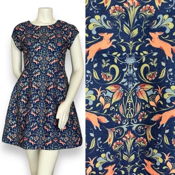 Pink Martini Dress Fox Print Blue Floral A-Line Lined‎ Small Women Cap Sleeves - Image 2