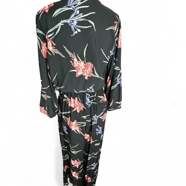 JAASE Black Floral Wide Leg V Neck Half Sleeve Elastic Waist Jumpsuit Size Large - Image 4