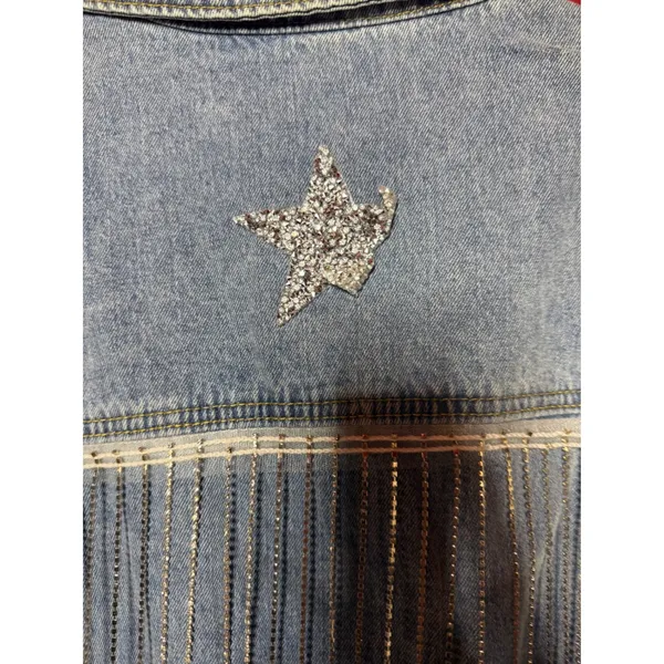 NWT Joiemont Women XL Light Wash Distressed Denim Jacket Rhinestone Stars Fringe - Image 9
