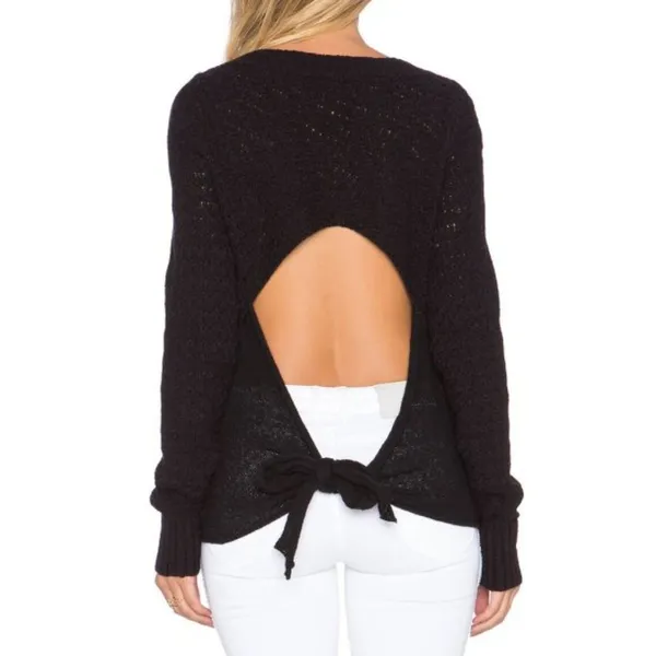 Bow Back Pullover Knit Sweater Open Cut-Out Cropped Back Backless S - Image 6