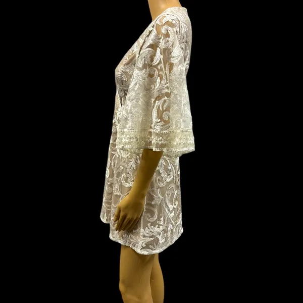 Lulus Celebration Hour Cream Lace Sequin Embroidered Zip Back Mini Dress Medium - Image 8