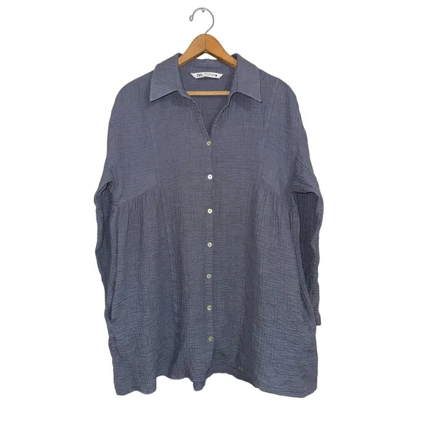 Zara‎ Slate Blue Grey Textured Cotton Gauze Button Down Shirt Dress Oversized M - Image 5