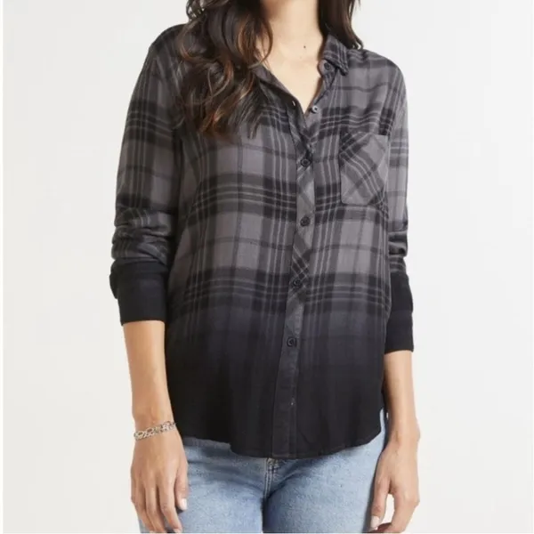 RAILS Hunter Charcoal Jet Dip Dye Plaid Button Down Shirt S Small Flannel Grunge - Image 5