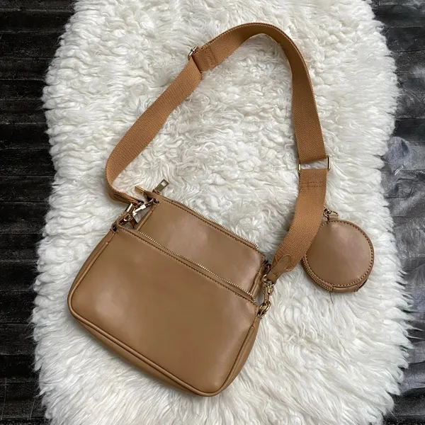 Tan Faux Leather Shoulder Bag Set With Coin Purse Adjustable Strap - Image 6