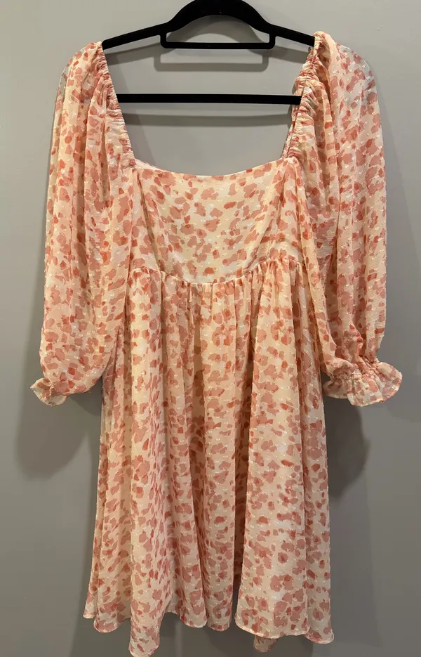Storia Textured Patterned Puff Sleeve Square Neck Dress Cream / Blush Pink - Image 4