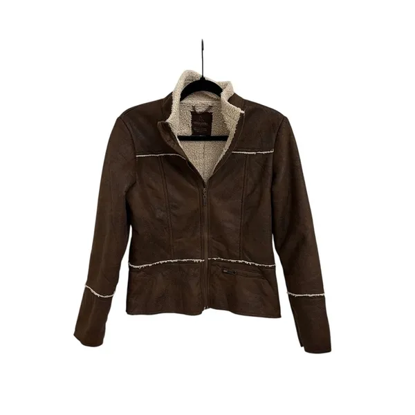 Prana Faux Leather Shearling Jacket Brown Cream Full Zip Women's Small - Image 2