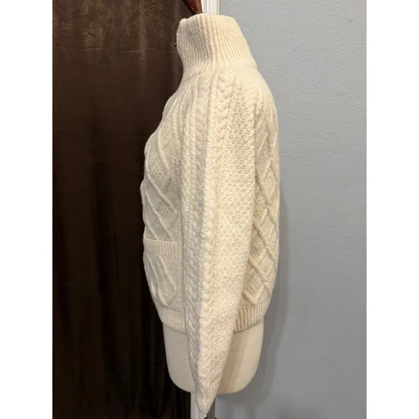 80s Carraig Donn Handknit Merino Wool Aran Zip Cropped Cardigan Sweater Cream M - Image 3