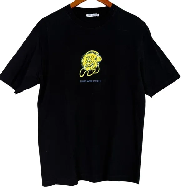 Zara Some Weird Stuff Graphic Oversized Relaxed Fit Basic T Shirt M Black Yellow - Image 11
