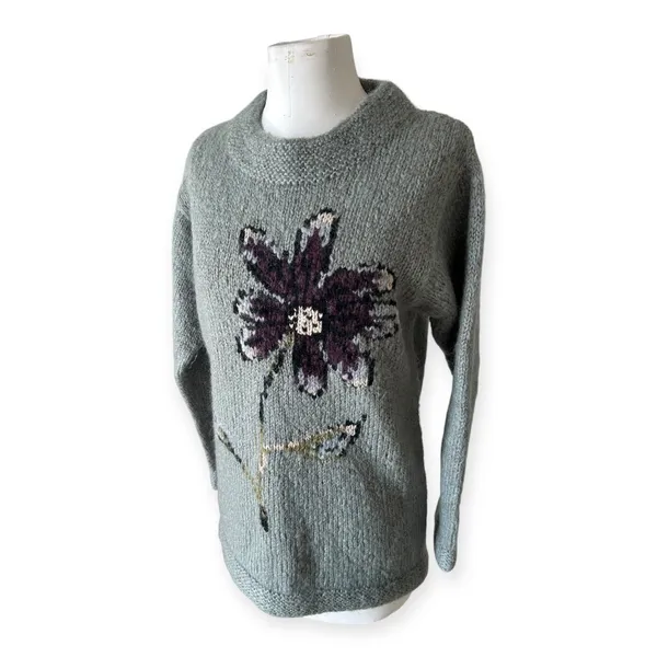 Garnet Hill Chunky Green Mohair Wool Hand Knit Sweater Floral Women's Small Cozy - Image 6