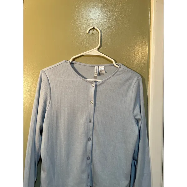 Divided H&M Womens Sz Large LightBlue Pointelle Jersey Cardigan Sweater Crewneck - Image 3