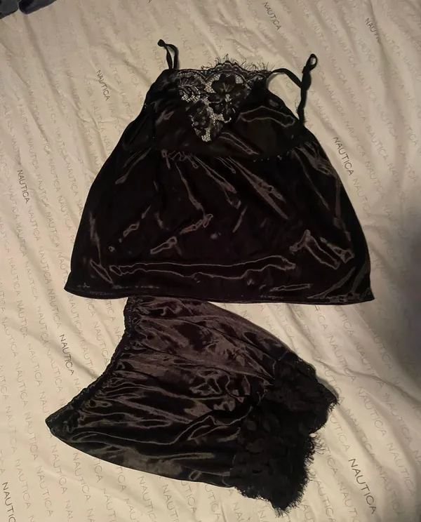 Womens 2 Piece Satin Pj Set Black - Image 2