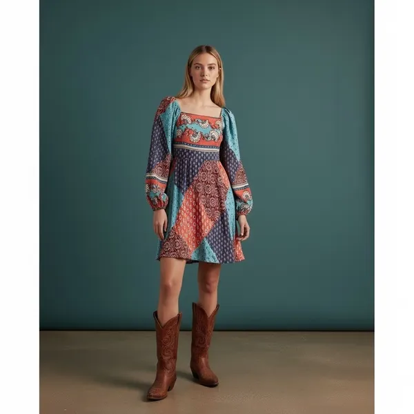 Merci Patchwork Square Neck Long Sleeve Mini Dress Blue Orange‎ M - Image 2