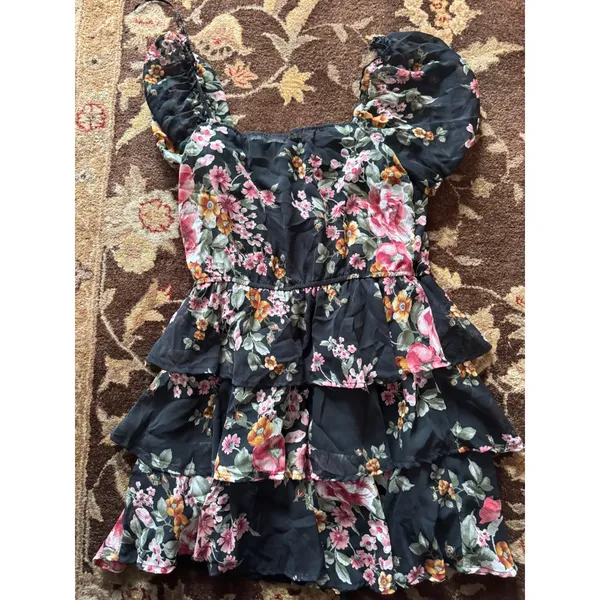 Floral Tiered Mini Dress Black Puff Sleeve Square Neck Ruffle Chiffon Summer - Image 4