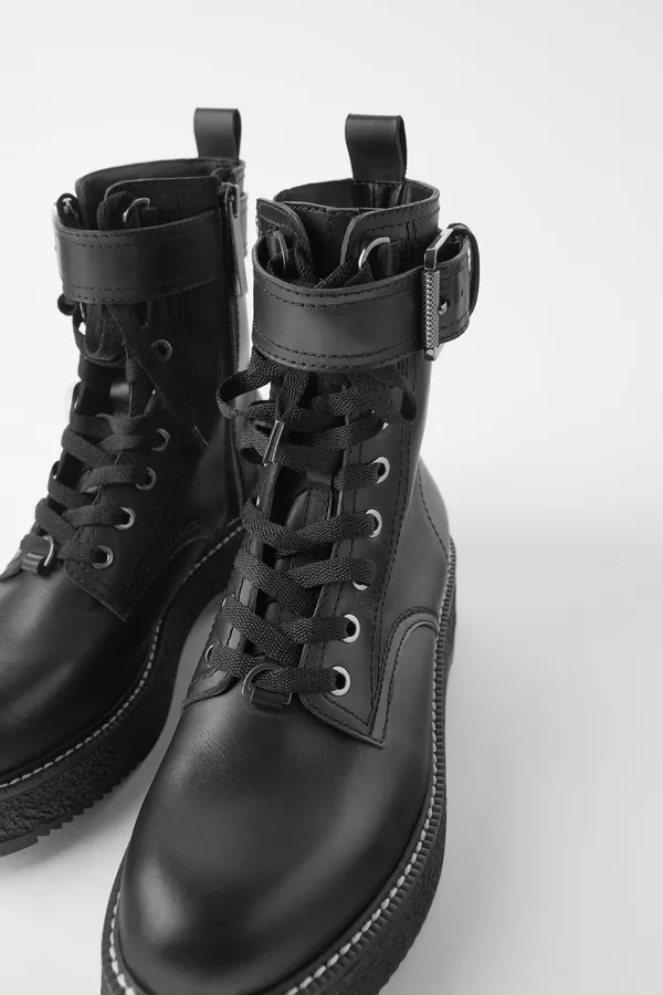 ZARA Leather Lug Sole Biker Combat Ankle Boot Shoed 5152/001/040 Black - Image 2