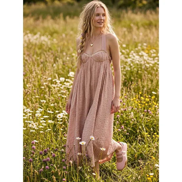 Free People Bohemian Beachy Seersucker Poppy Midi Dress Sundress Blush Medium - Image 7