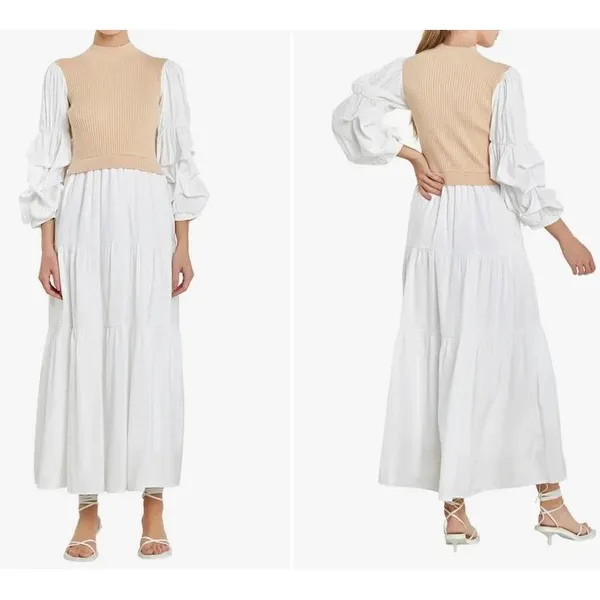 English Factory Tan‎ Ribbed Vest Puff Sleeve Tiered Maxi Dress Small Neutral - Image 2