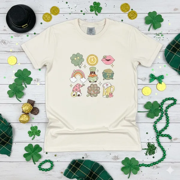 Comfort Colors ST PATRICKS Shirt Women Small Cream Gnome Lucky Retro Graphic Tee Trendy Boho - Image 5