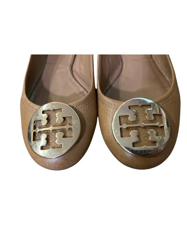 Tory Burch Reva Women’s 8.5 Royal Tan / Gold Metallic Leather Ballet Flats Used - Image 3