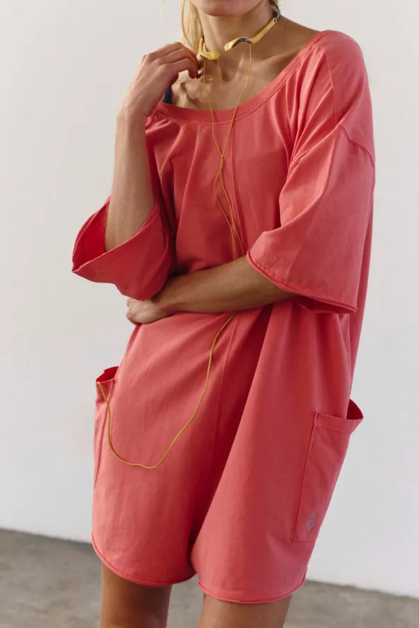 NEW Free People Movement Neon Coral Oversized Shapeless Hot Shot Tee Romper XS - Image 2