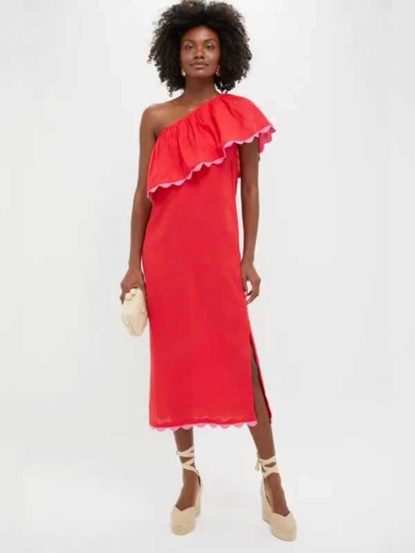 Tuckernuck Hibiscus Red Linen Amalfi Dress Size Large - Image 3