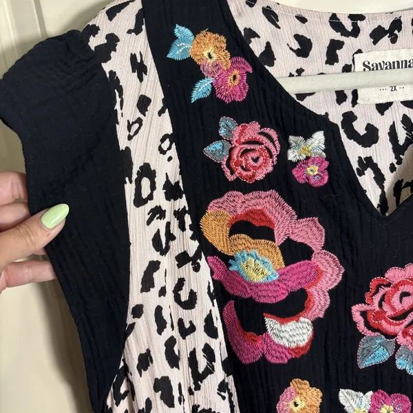 Savanna‎ Jane Boho Floral Embroidered Leopard Print Dress Flutter Sleeve Size 2X - Image 3
