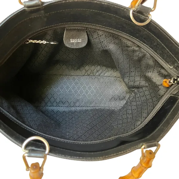 Gucci Vintage Bamboo Top-Handle Black Tiered Nylon Leather Trim Shopper Tote Bag - Image 3