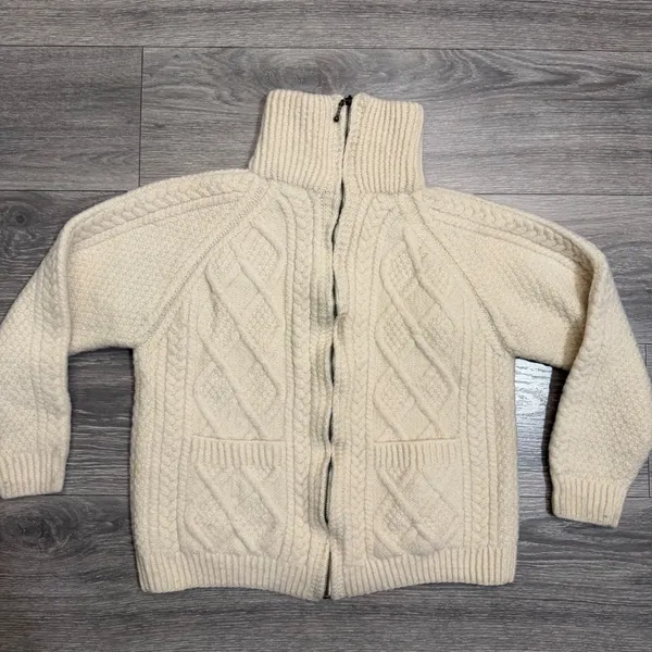 80s Carraig Donn Handknit Merino Wool Aran Zip Cropped Cardigan Sweater Cream M - Image 12