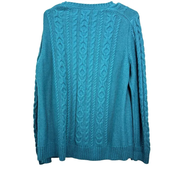 LL Bean Teal Double L Mixed Cable Cotton Crew Neck Pullover Sweater Size LARGE - Image 6