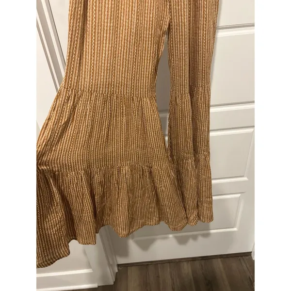 Vestique Women's Mustard Brown Striped Smocked Jumpsuit Size Small Game Day Boho - Image 7
