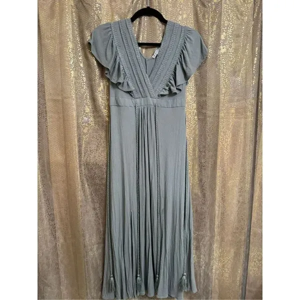Baltic Born Jennifer Deep V Light Sage Green Tassels Maxi Dress XS - Image 2