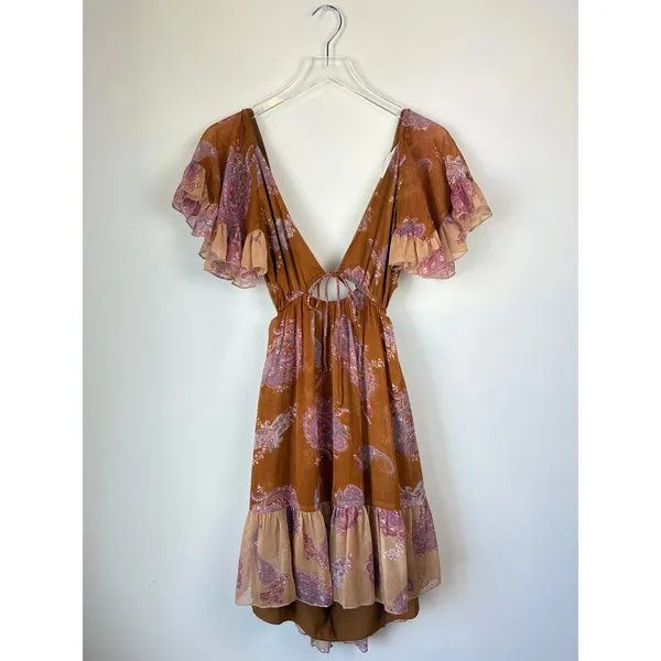 ASOS Boho Mixed Paisley Print Tie Front Tiered Mini Dress Strappy Back Women's 4 - Image 2