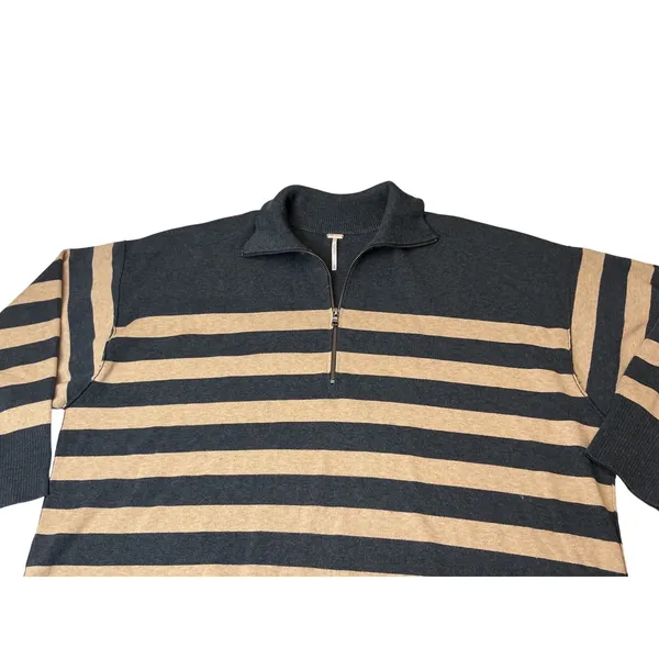 Free‎ People Womens Striped Quarter Zip Tunic Sweater Grey Tan Size M Oversized - Image 3