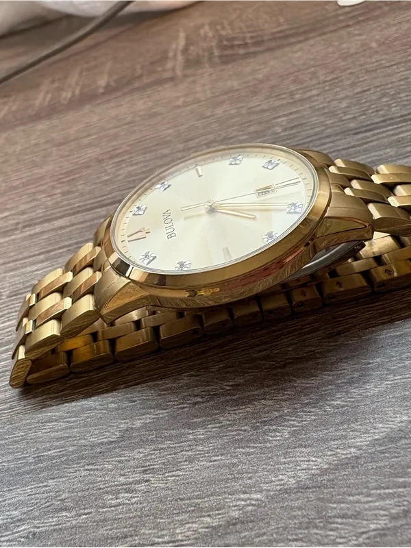 Bulova Gold Tone Watch with Champagne Dial and Crystal Accents - Image 2