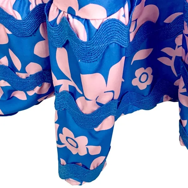 Romantic Boho Blue Pink Floral Maxi Dress M Ruffle Hem Scallop Straps Festival - Image 6