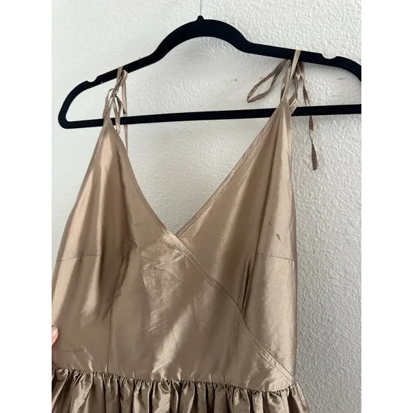 Anthropologie Bloni Tiered V-Neck Maxi Dress Bronze Metallic Size Medium Petite - Image 5