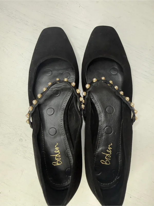 Boden Black Mary Jane Ballet Flats Pearl Strap Suede Size 37 Academia Office - Image 6