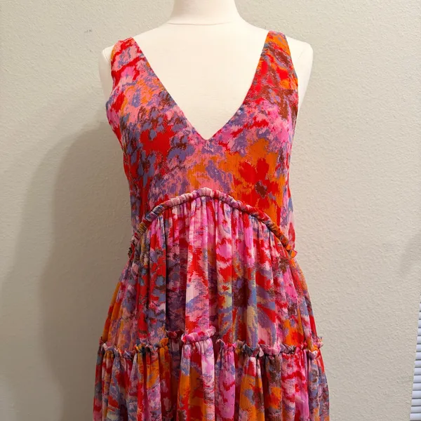 Free People Julianna Maxi Dress Small Red Floral Tiered Chiffon Sheer Boho Chic - Image 7