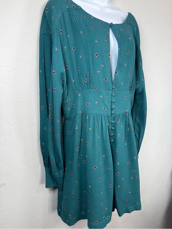 Free People Love Grows Teal Long-Sleeve Romper Size Large - Image 5