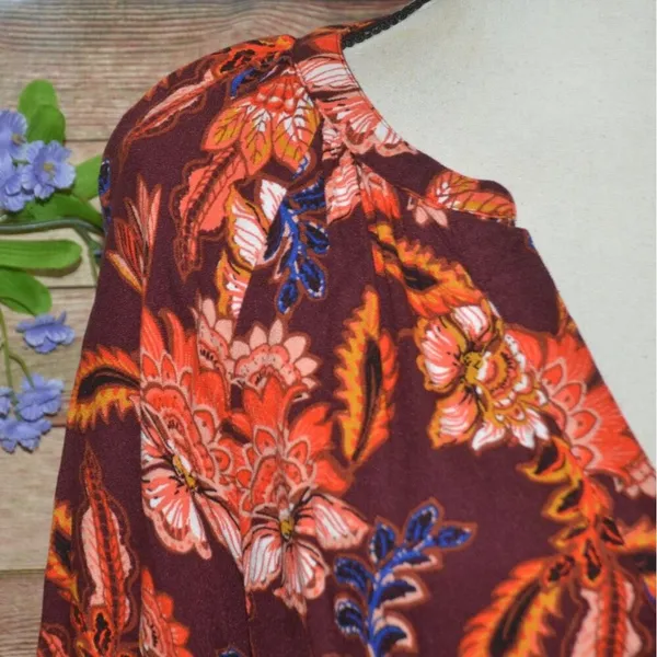 Old Navy Maroon Floral Boho Peasant Top V-neck Long Sleeve Pull Over Size XL - Image 3