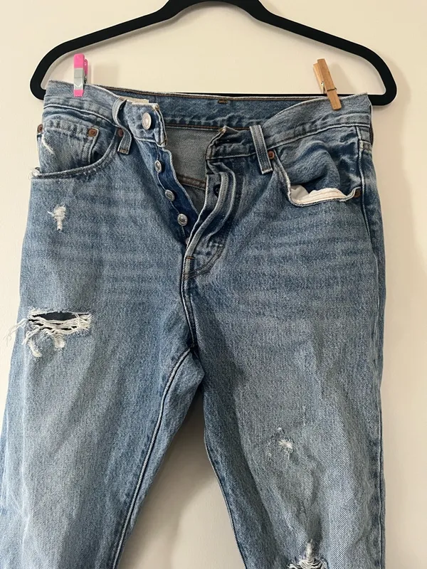 Levi's 501 Straight Jeans 27 Distressed Light Wash Button Fly Minimalist Capsule - Image 2