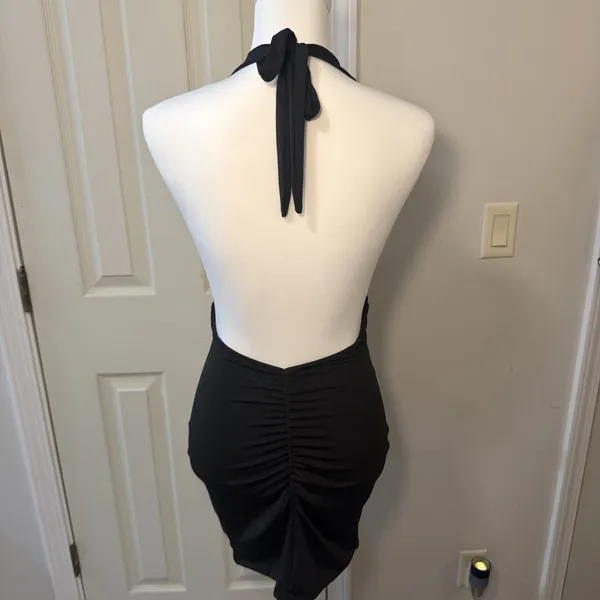 SHEIN Small Black Halter Deep V Neck Ruched Bodycon Formal Dress Open Back NWOT - Image 5