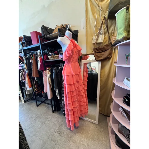 Coral‎ Pink Tiered Ruffle Halter Maxi Dress Corset Bodice Formal Gown - Image 5
