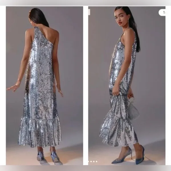 NWT MAEVE Anthropologie One Shoulder Sequin Ruffle Maxi Dress Silver XS - Image 4