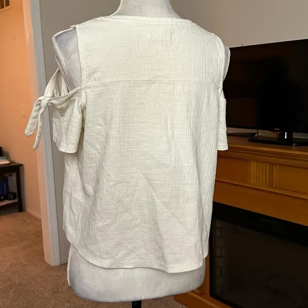 MADEWELL Skylark Top Cold Shoulder Bow Sz S Textured Ivory Boxy Relaxed Fit - Image 3