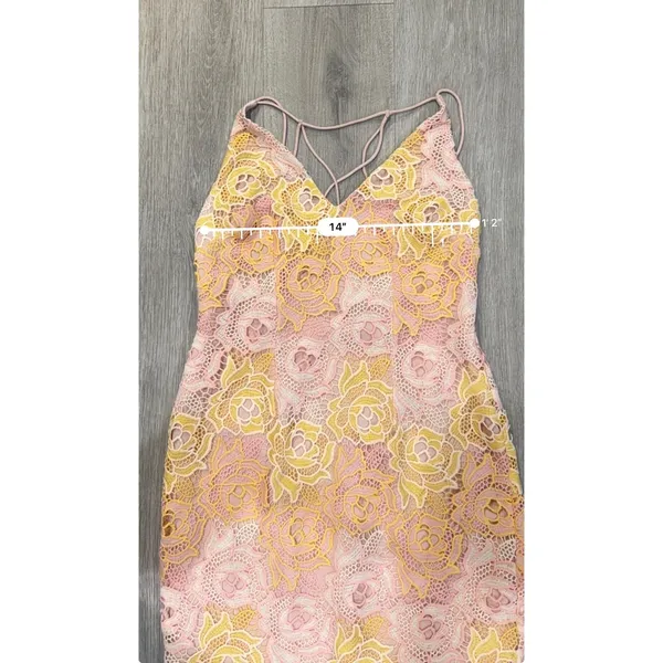 Topshop Floral Lace Midi Dress Pink Yellow Crochet Strappy Bodycon Size 6 - Image 9