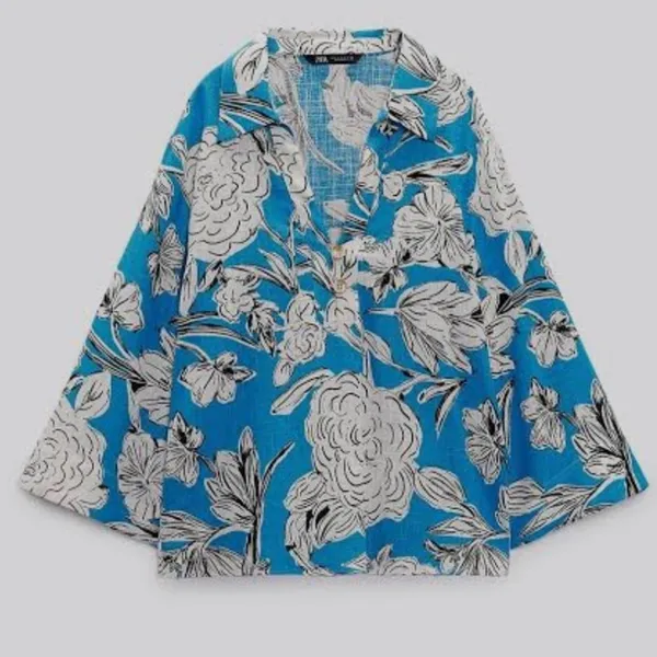 ZARA Blue White Floral Linen Blend Blouse Top NWT XL Oversized Kimono Sleeve - Image 5