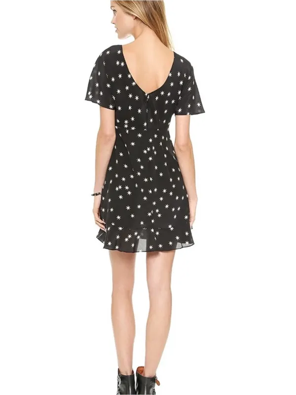 NWOT Pam & Gela Black & White Star Print Washed 100% Silk Flutter Sleeve Dress 6 - Image 2